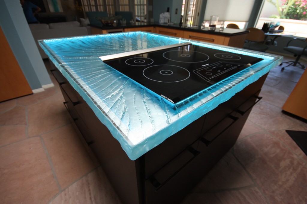 kitchen glass counter top with blue lights 